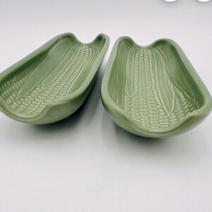 Set of 2 Pfaltzgraff Green Corn on the Cob Stacked Footed Ceramic Holders USA